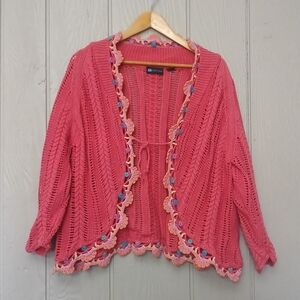 Coral Cardigan with Multicolor Crochet Trim Large See Measurements
